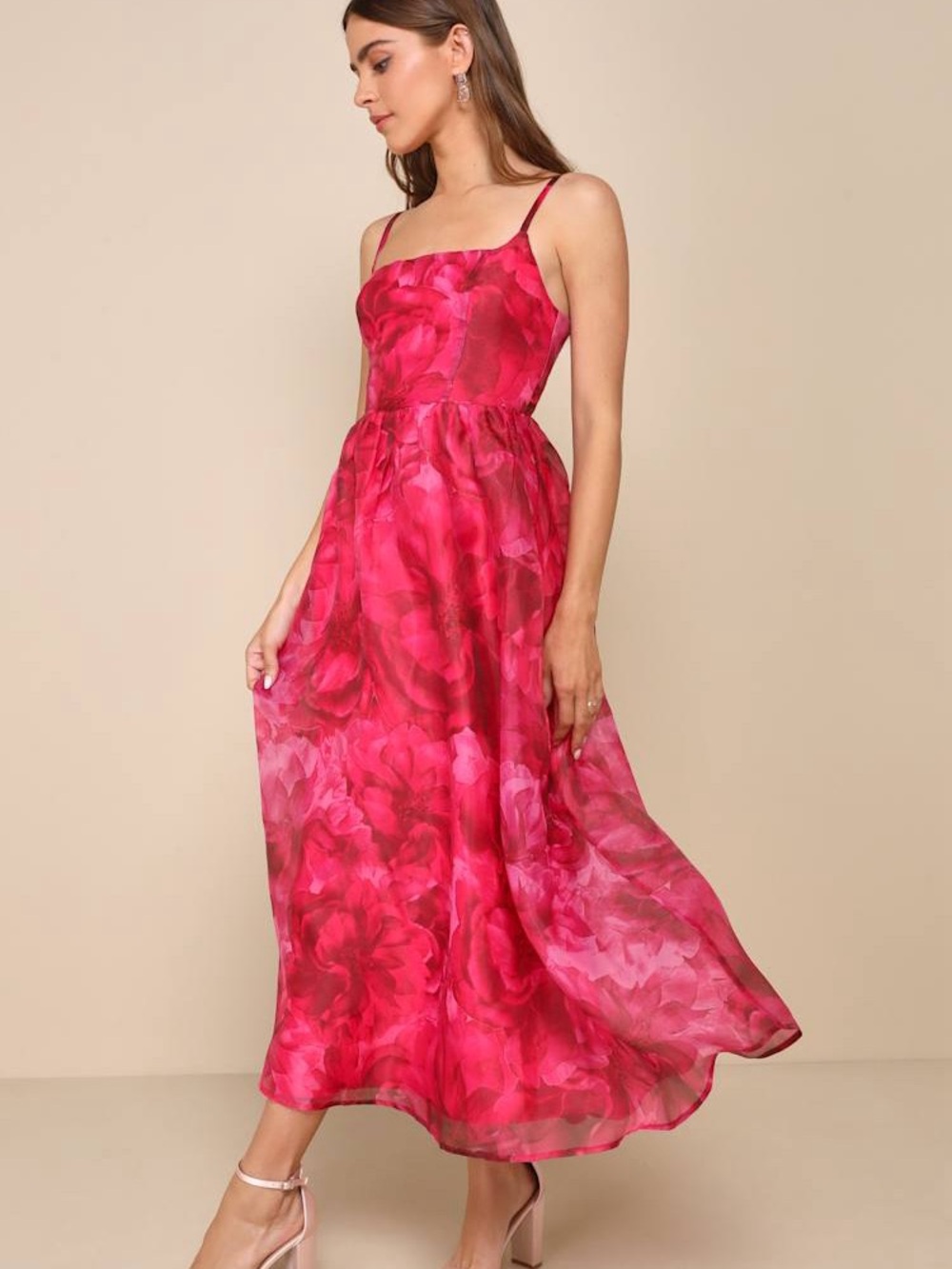 Lulu's Red & Pink Floral Organza Spaghetti-Strap Gown